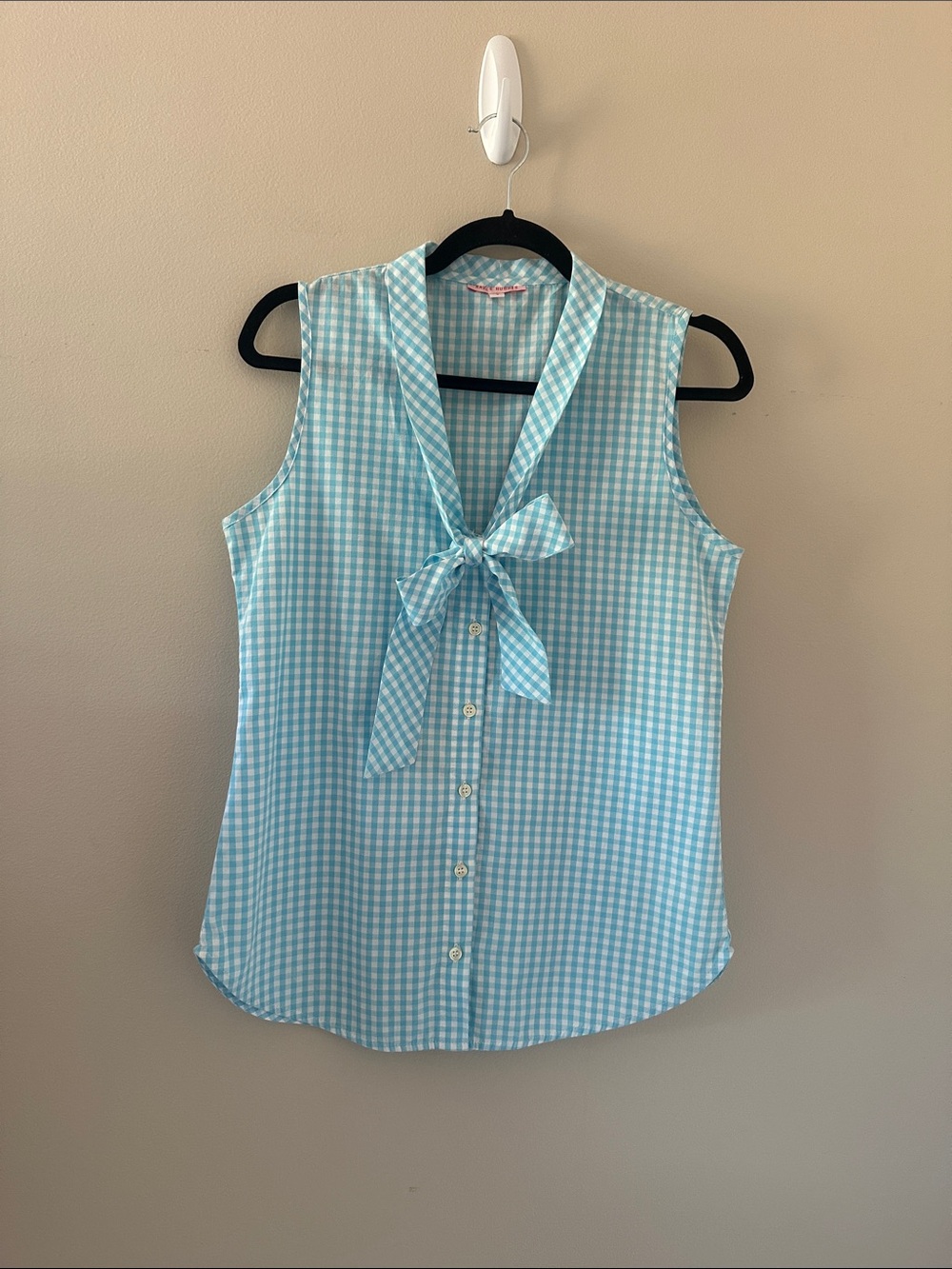 Kayce Hughes Sleeveless Button-Down Shirt with Bow Gingham Sz 6 Preppy Coastal
